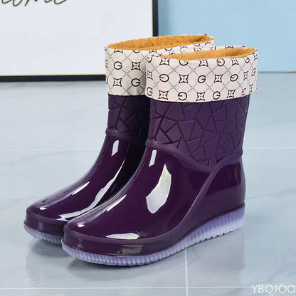 Women's Mid-Calf Waterproof Patterned Rain Boots with Non-Slip Sole