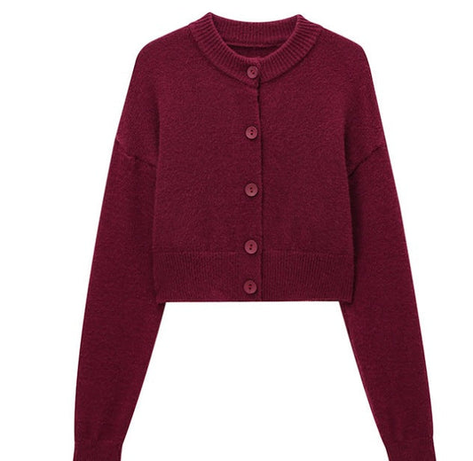 Women's Short Cardigan with Button Placket and Round Neckline