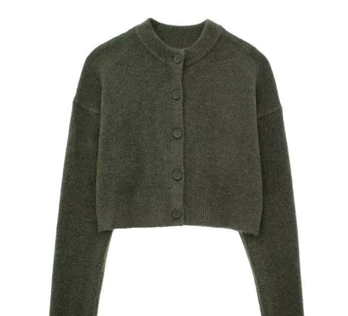 Women's Short Cardigan with Button Placket and Round Neckline