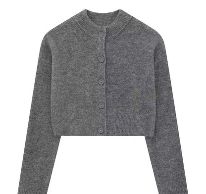 Women's Short Cardigan with Button Placket and Round Neckline