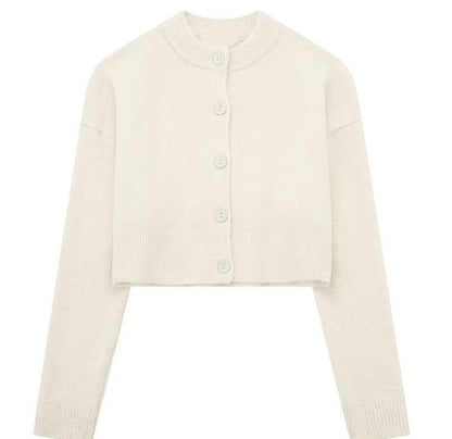 Women's Short Cardigan with Button Placket and Round Neckline