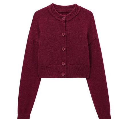 Women's Short Cardigan with Button Placket and Round Neckline