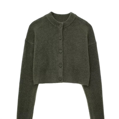 Women's Short Cardigan with Button Placket and Round Neckline