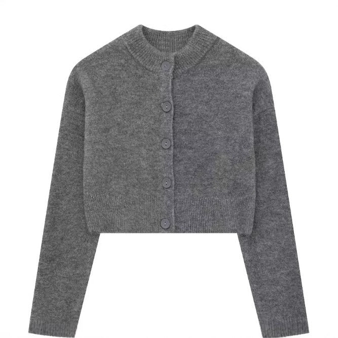 Women's Short Cardigan with Button Placket and Round Neckline