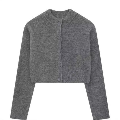 Women's Short Cardigan with Button Placket and Round Neckline