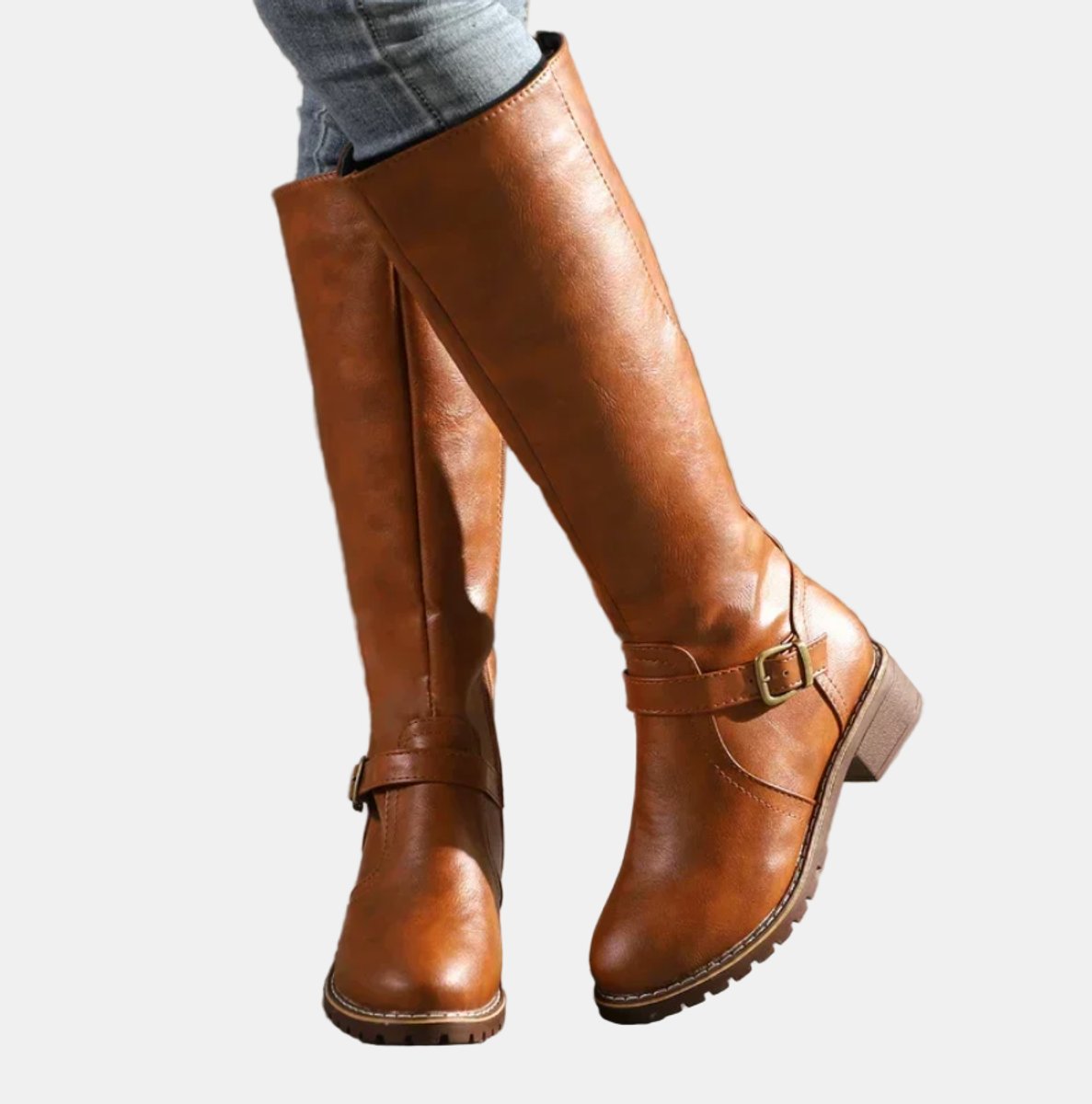 Women's Tall Knee-High Riding Boots with Buckle Strap and Low Heel