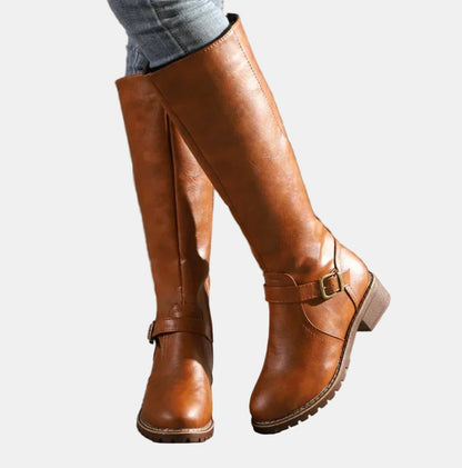 Women's Tall Knee-High Riding Boots with Buckle Strap and Low Heel