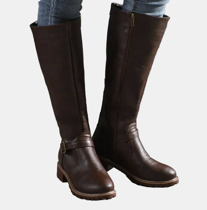 Women's Tall Knee-High Riding Boots with Buckle Strap and Low Heel