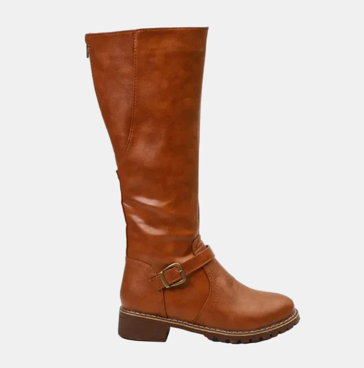 Women's Tall Knee-High Riding Boots with Buckle Strap and Low Heel