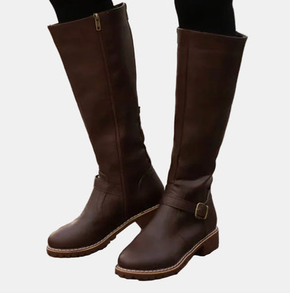 Women's Tall Knee-High Riding Boots with Buckle Strap and Low Heel