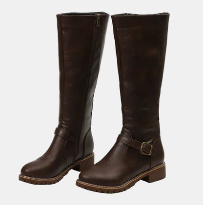 Women's Tall Knee-High Riding Boots with Buckle Strap and Low Heel