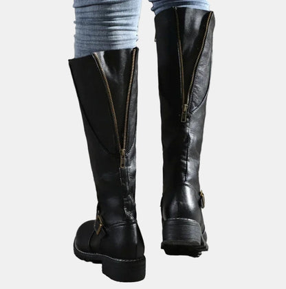 Women's Tall Knee-High Riding Boots with Buckle Strap and Low Heel