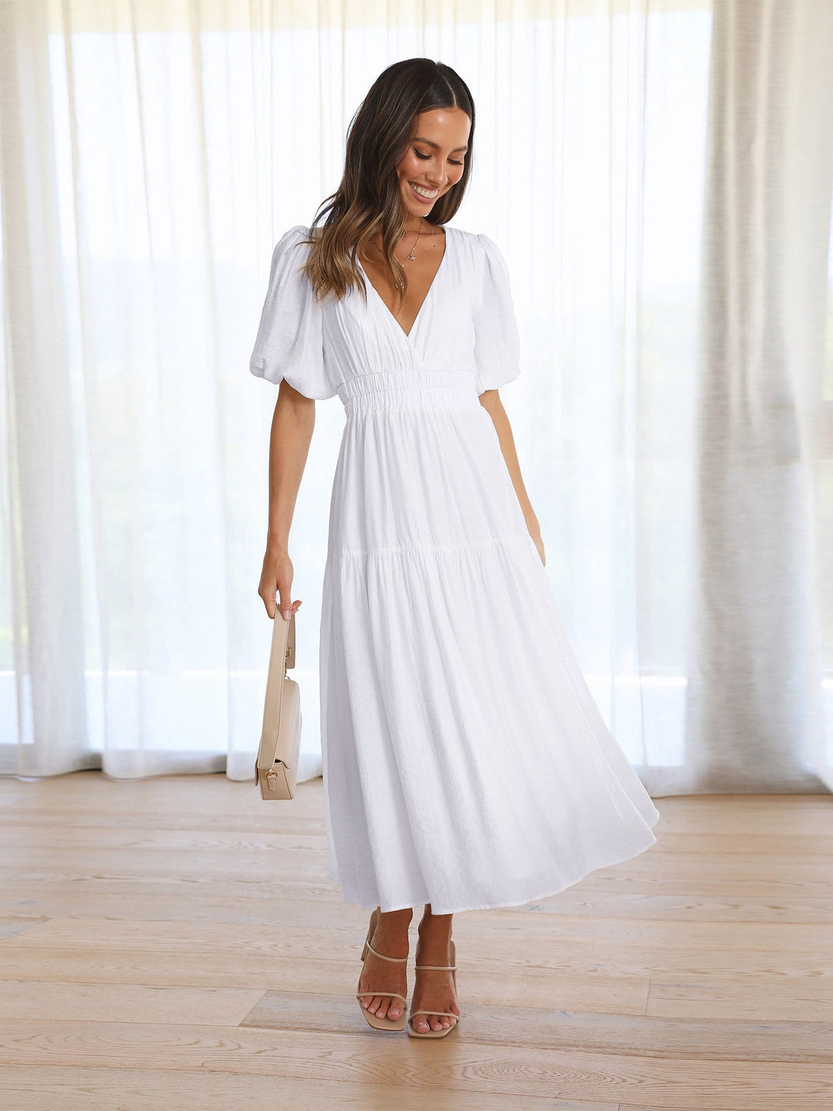 Women's V-Neck Midi Dress with Puff Sleeves