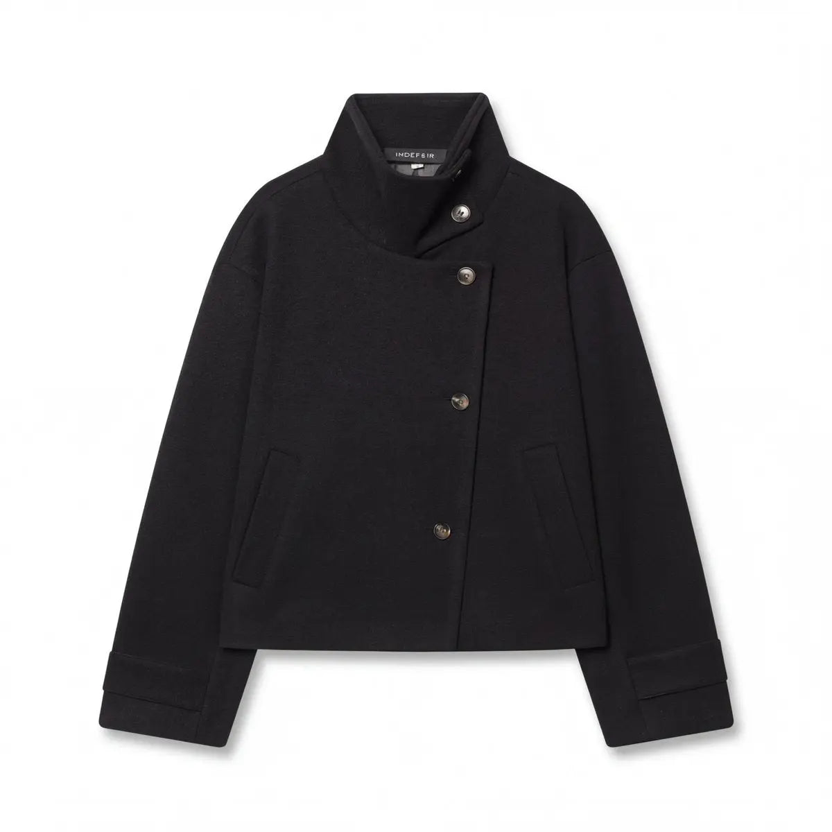 Women's Wool Jacket with Asymmetric Button Closure and Stand Collar