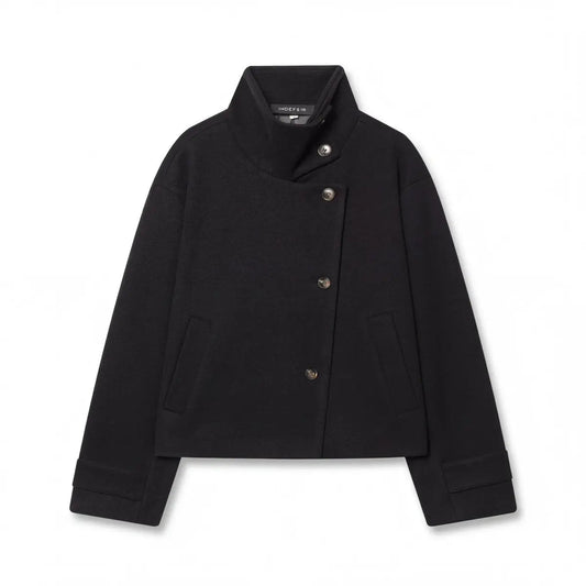 Women's Wool Jacket with Asymmetric Button Closure and Stand Collar